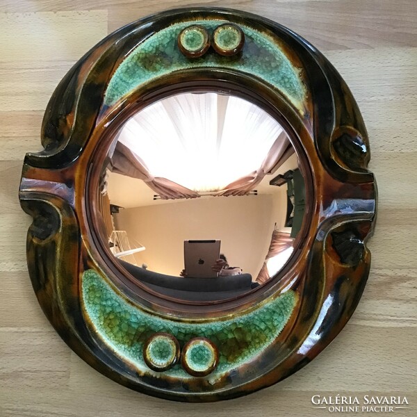 Old industrial art Végvár gyula with a large wall ceramic convex mirror decorated with glass enamel