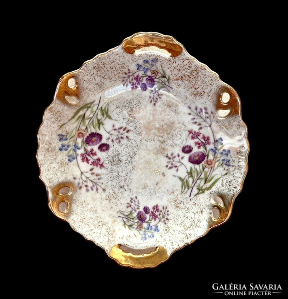 Jelzés nélküli ámde gyönyörűséges vintage aranyozott kétfüles mezei virágos porcelán tál