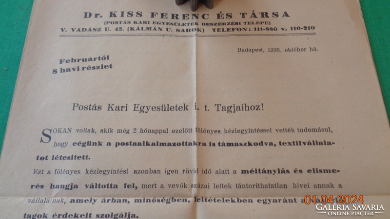 Rr Kiss F. és Tsa szórólap , reklám  kiadás 1937 ből