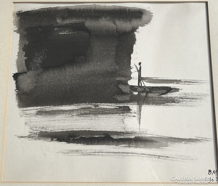 Miklós Borsos 1967 washed ink, paper. Tihany boatman.