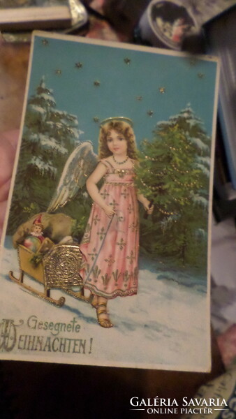 Old, Christmas, angelic postcard, with a gilded pattern.