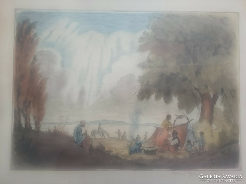 Iványi grünwald béla: camp on the riverbank, colored etching 55*43/43*30cm