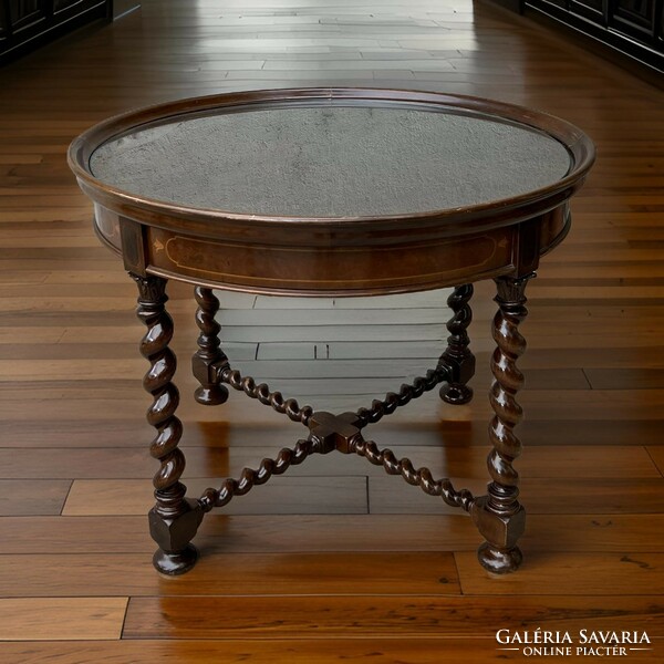 Antique marquetry circular coffee table with protective glass top