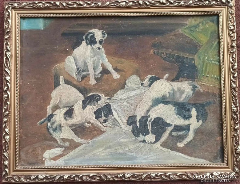 Antik festmény - olaj / karton - játszó kutyák