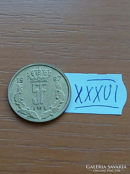 Luxembourg 5 francs 1987 iml grand duke jean i, aluminum-bronze xxxvi