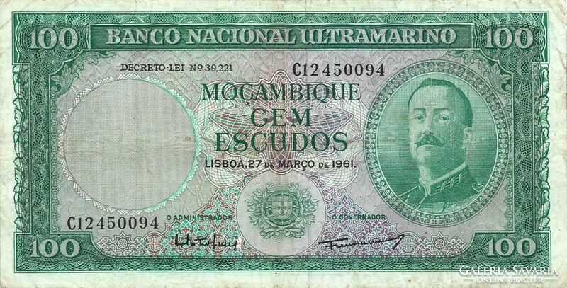 100 escudo escudos 1961  felülbélyegzés nélkült Mozambik