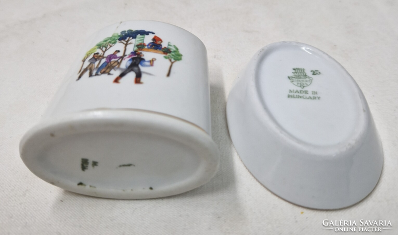 Zsolnay shield seal folk scene and flower pattern porcelain mini vase and ring holder