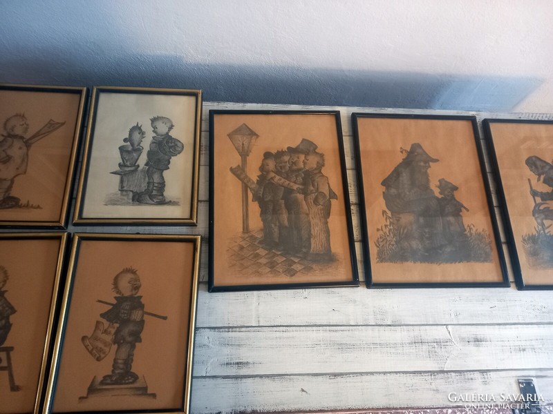 7 pieces of contemporary Hummel drawing, original charcoal drawing and pencil