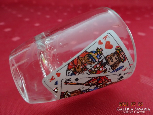Glass brandy cup, with Hungarian card sticker, height 5 cm.