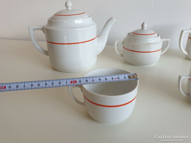 Old Zsolnay porcelain shield-stamped red striped tea set jug 2 cups sugar milk spout
