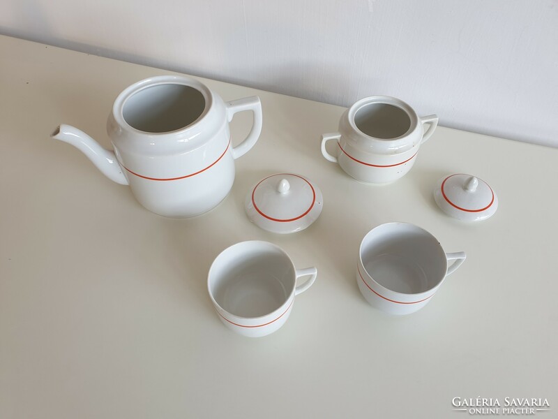 Old Zsolnay porcelain shield-stamped red striped tea set jug 2 cups sugar milk spout
