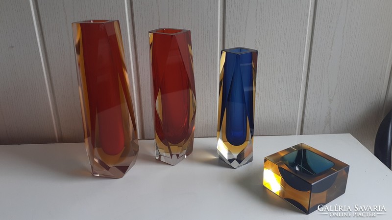 3 1960s glass vases + 1 ashtray by Flavio Poli for Seguso, made in Italy or Murano