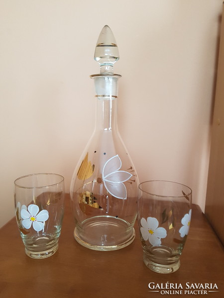 Nice old glass wine pourer, flawlessly painted with 2 glasses