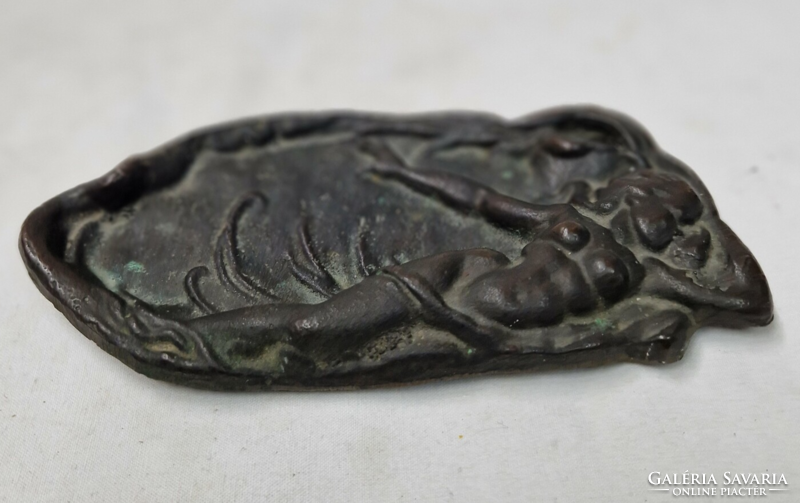 Old art nouveau bronze business card holder or ashtray with female nude pattern in good condition 709 g.