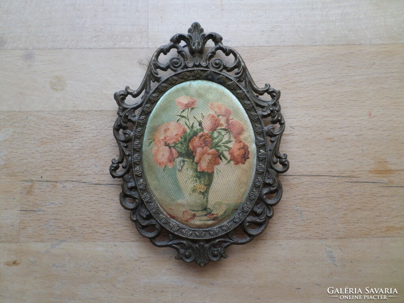 Older small silk picture in a decorative bronze frame, 9.5 x 13.5 cm