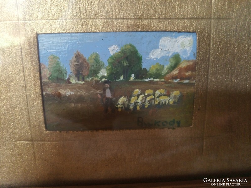 Mini oil painting by Bukody; a shepherd with his flock