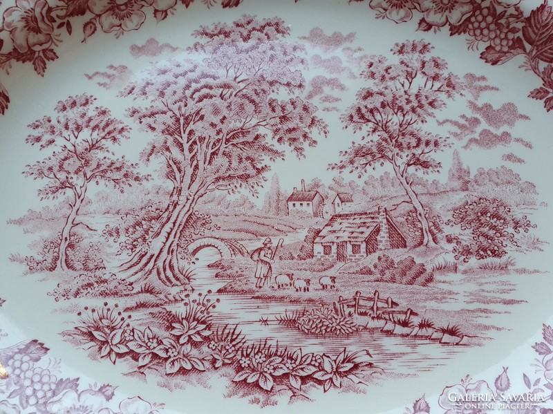 Angol bordó jelenetes porcelán tálaló tál tányér