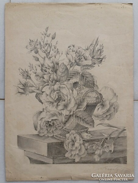 Floral still life with roses, pencil drawing by Kálmán Bagály from 1878
