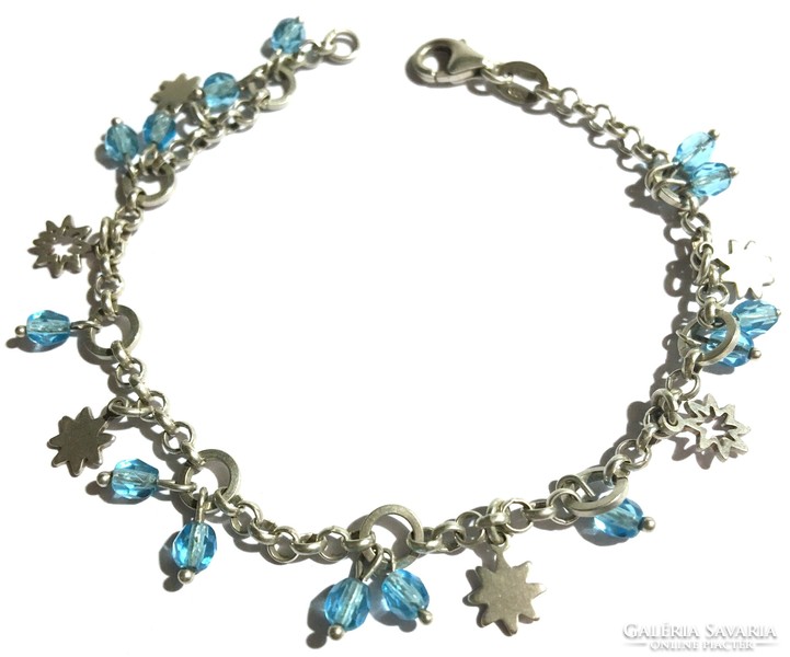 Beautiful silver bracelet bracelet with many stars and azure blue gemstone pendant charm