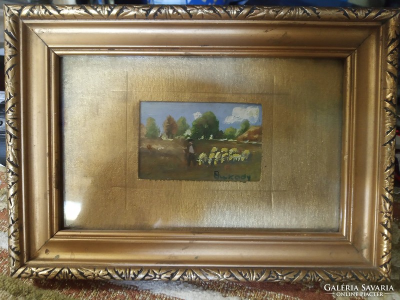 Mini oil painting by Bukody; a shepherd with his flock