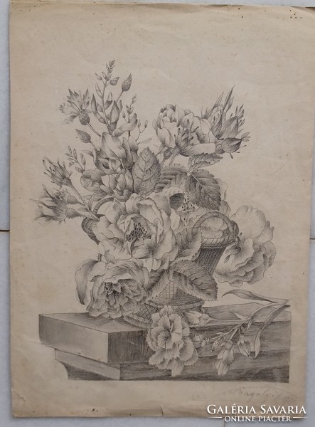 Virágcsendélet rózsákkal, Bagályi Kálmán ceruzarajza 1878-ból