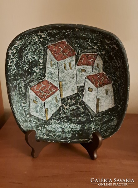 éva Bod: houses. Applied art ceramic wall picture, ceramic bowl, including plate holder