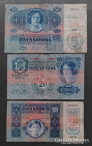 10 - 20 - 50 Korona 1913, 1914, 1915, 10-es és 20-as felülbélyegzés nélkül.