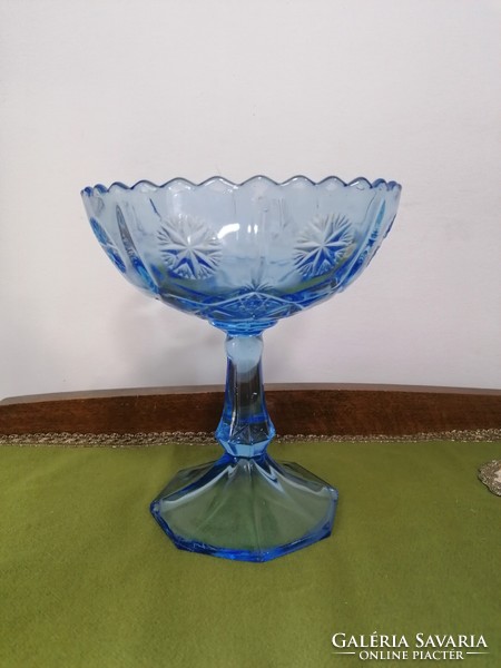 Kék üveg talpas asztalközép kínáló, gyümölcs tartó