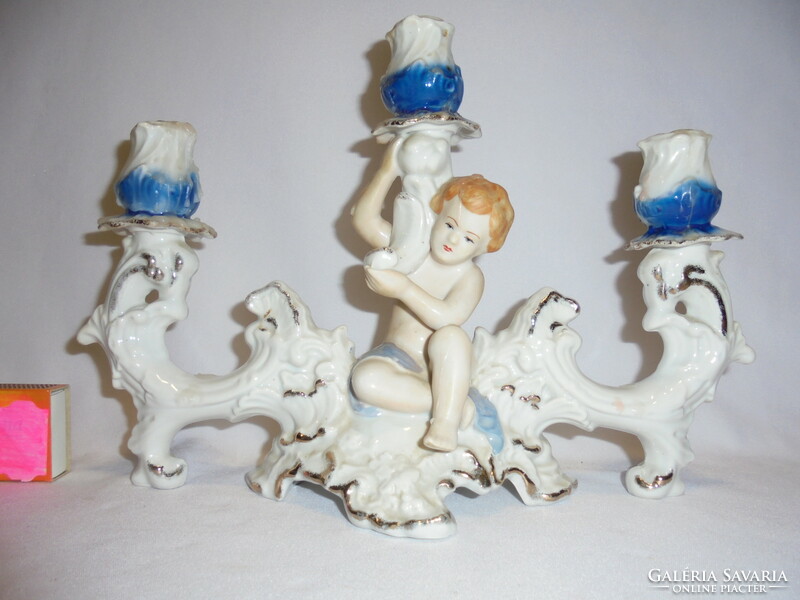 Három ágú angyalkás porcelán gyertyatartó