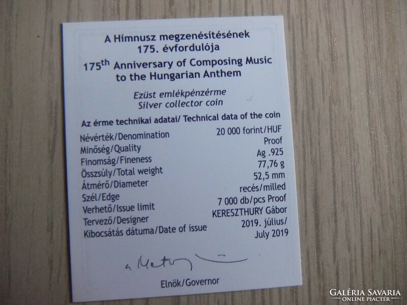 HUF 20,000 silver commemorative medal 2019 national anthem 77.76 Gr 52.5 Mm + certificate