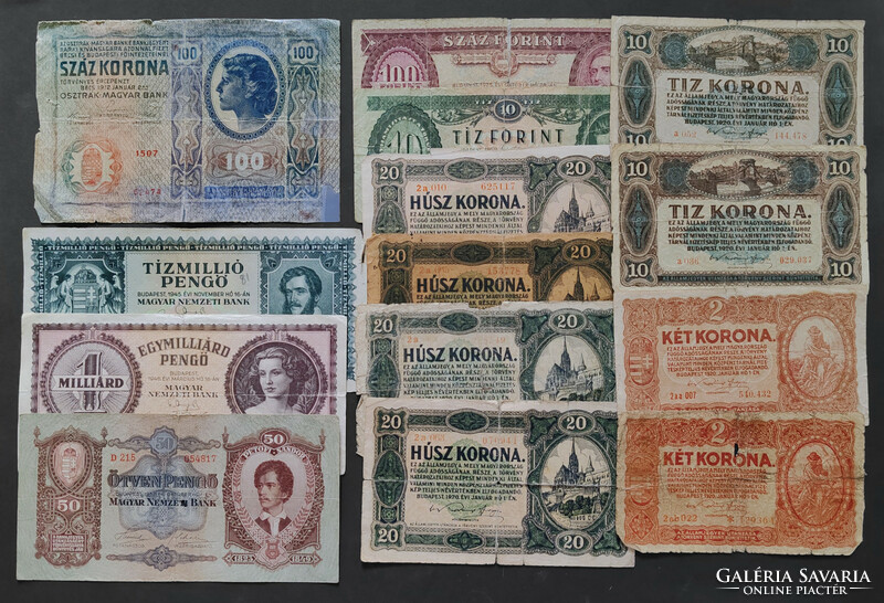 21 db Korona - Pengő - Forint, sérült, illetve gyengébb minőségű bankjegyek