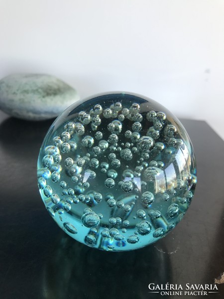 Large, 9 cm diameter Murano or Czech wonderful glass letter weight - blue, filled with bubbles (20/e2)