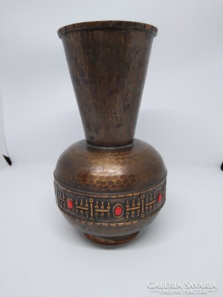 Lignifer retro iparművészeti réz váza jáspis kő berakásos