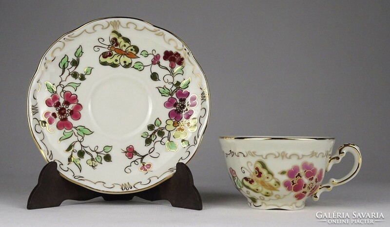 1Q984 Zsolnay porcelain coffee cup with butter color butterfly, 3 pieces