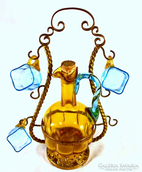 Colored glass liquor bottle in a bronze cup holder stand with glasses!