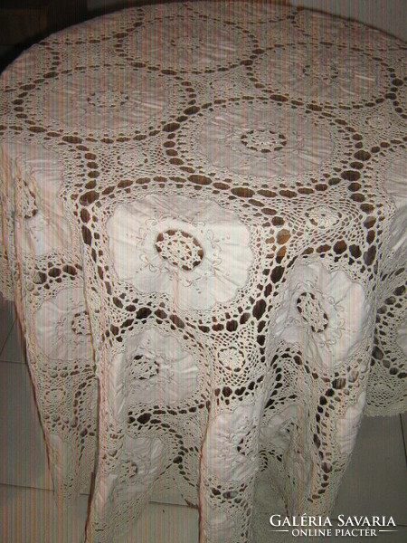 Beautiful hand-crocheted, embroidered antique tablecloth with Art Nouveau features