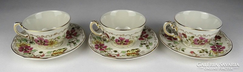 1Q984 Zsolnay porcelain coffee cup with butter color butterfly, 3 pieces