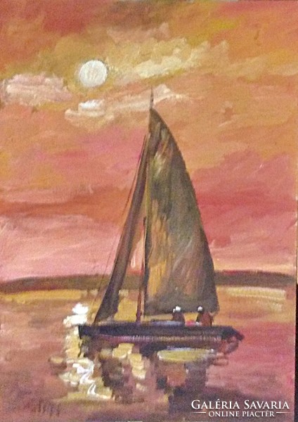 Painting (02/15) - banfi: balaton, sunset (oil, cardboard, 35x50 cm)
