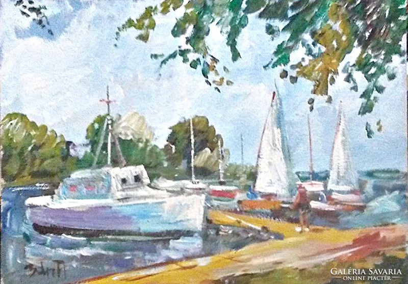 Painting (01/07) - Bánfi: Balaton Castle, sailboats (oil, cardboard, 35x25 cm)