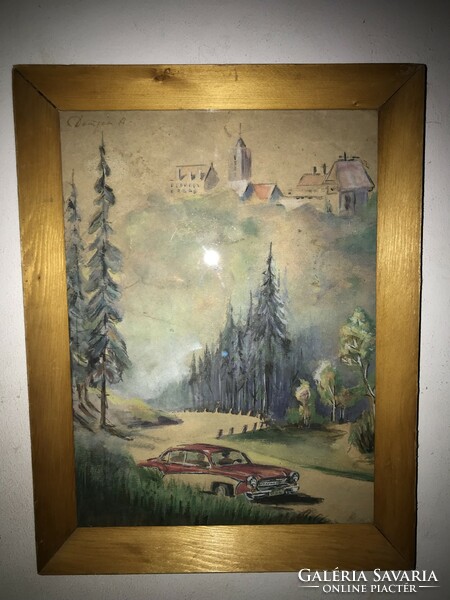 Car in the valley, cityscape in the distance, old painting, signed. (Demén?)