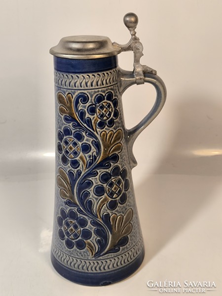 Old German majolica stone tile, ceramic òn beer mug with lid 26cm