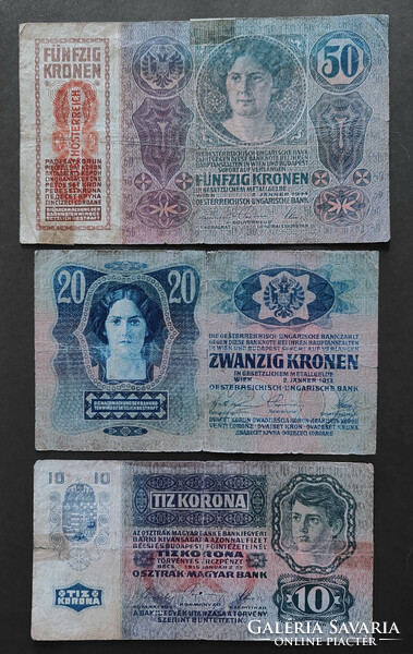 10 - 20 - 50 Korona 1913, 1914, 1915, 10-es és 20-as felülbélyegzés nélkül.