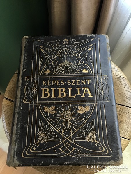 Antik Károli Gáspár képes szent Biblia szecessziós bőr kötésben, aranyozott lapszéllel