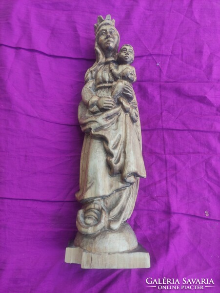 Keresztény faragott  Mária Madonna fa szobor Jézussal 44cm