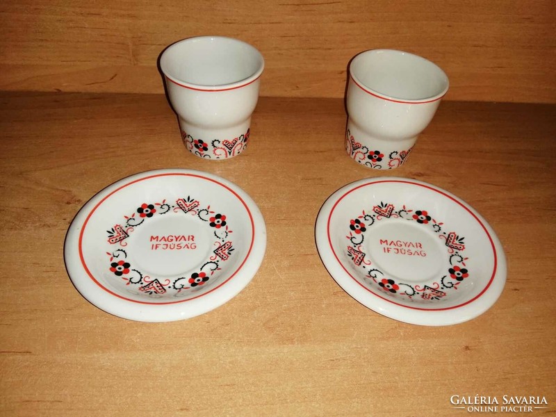 Hollóházi porcelain Hungarian youth inscription saucer and cup in a pair (10/k)