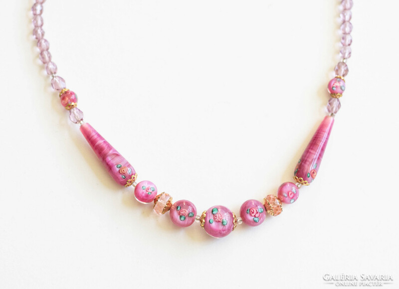 Vintage muránói stílusú üveg nyaklánc, ékszer - rózsaszín, holografikus hatású rózsás gyöngyökkel