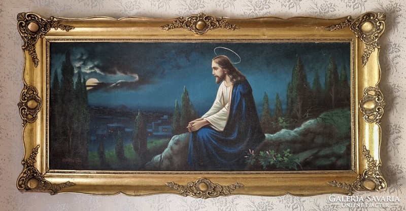 Jézus az olajfák hegyén festmény, szignózott kerettel