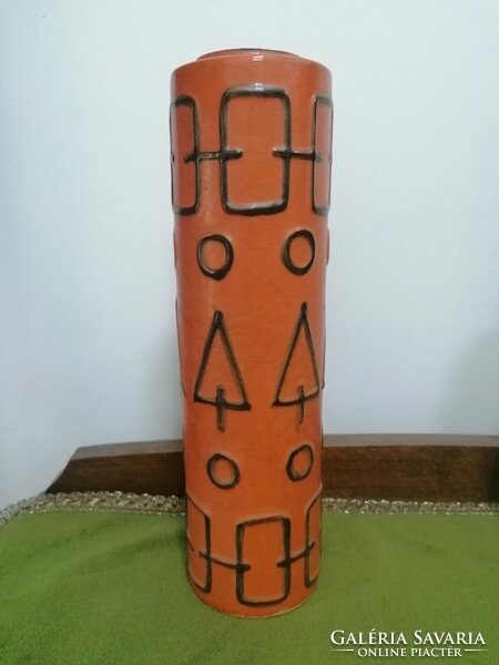 Tófej, retro applied art ceramic vase, geometric pattern