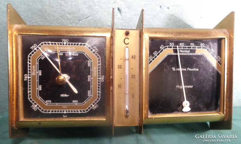 Házi meteorológiai állomás 0.7 kg sárgaréz keretben: barométer, hőmérő, légnedvesség mérő- 615 gramm