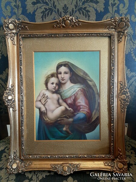 Antique wonderful blondel frame with a holy picture of Mary with the child 30 cm x 38 cm